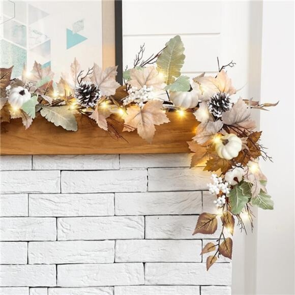 6Ft Lighted Fall Leaves Garland for Mantle Outdoor Home Door Table - Picture 1 of 8